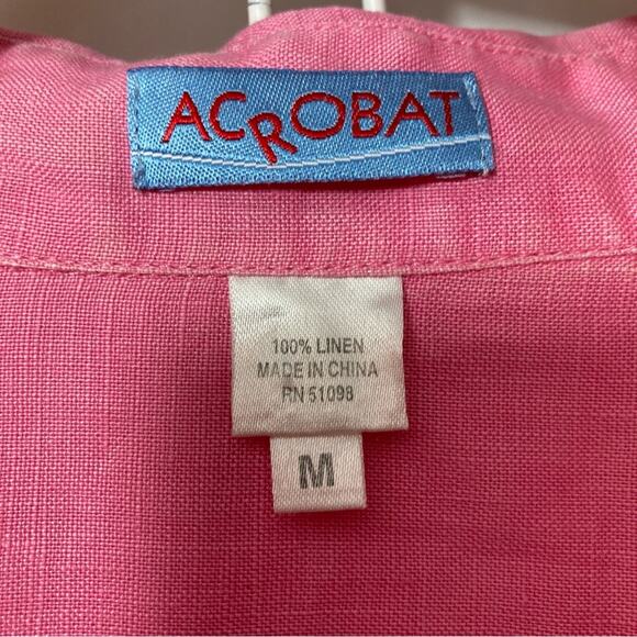 Acrobat Pink Linen 3/4 Sleeve Open Collar Button Up Blouse Shirt Top - Picture 2 of 7
